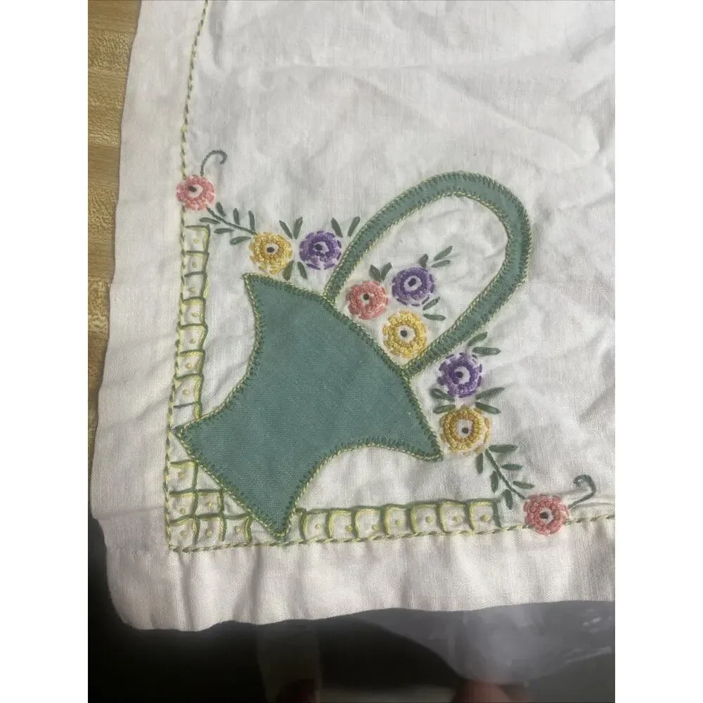 Vintage Hand Embroidered Cotton Linen Tablecloth European 32” Square
